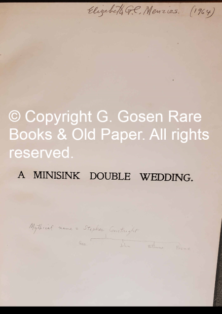 Association copy signed by Elizabeth G.C. Menzies in pencil on the half-title in 1964, with her pencil annotation, “Mythical Name: Stephen Courtright …”. Black cloth with gilt-stamped title on the front cover. Gilt leafy endpapers. Fine condition. A New Jersey story about the interactions with European settlers and the indigenous Lenni Lenape, with an important association with one of New Jersey’s native historians