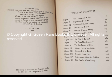 Huxley, Julian. Man Stands Alone by Julian Huxley. New York and London: Harper & Brothers, 1941. First edition. [x; i; 297 pages] 22.5 cm, bound in x-patterned brick-red cloth. Dust jacket is in distressed condition with a cracked front panel and spine, now loosely Brodart protected. Price of $2.75 not clipped.