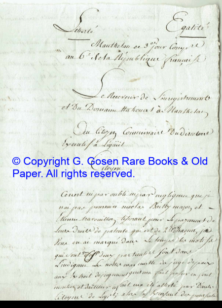 from a tax assessor named Bounerry, addressed to “Receveur de l’enregistrements et du Domaine Nationaux à Manthelan » about the recording of patentes and the payment of fees to register said patentes or license-taxes